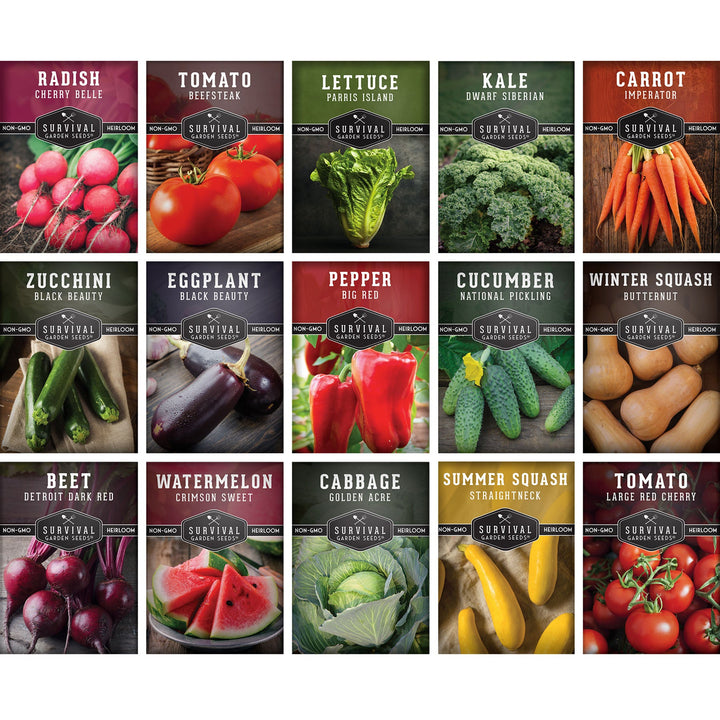 15 Variety Vegetable Garden Seed Collection – Non-GMO Heirloom Survival Seed Vault for Year-Round Growing
