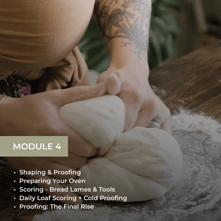 Module 4 showing hands shaping dough with topics: Shaping & Proofing, Preparing Your Oven, Scoring Techniques, Daily Loaf Scoring + Cold Proofing, and Proofing: The Final Rise.