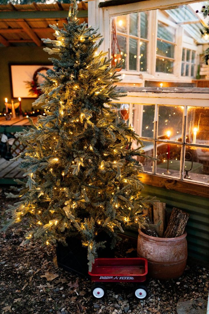 A glowing Christmas tree with a little red wagon and a pot of firewood beside the greenhouse windows